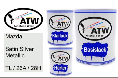 Mazda, Satin Silver Metallic, TL / 26A / 28H: 1L Lackdose + 1L Klarlack + 500ml Härter - Set, von ATW Autoteile West.